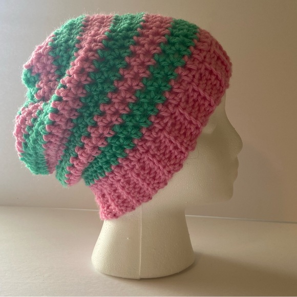Crochet slouchy beanie handmade new pink blue - Picture 3 of 7